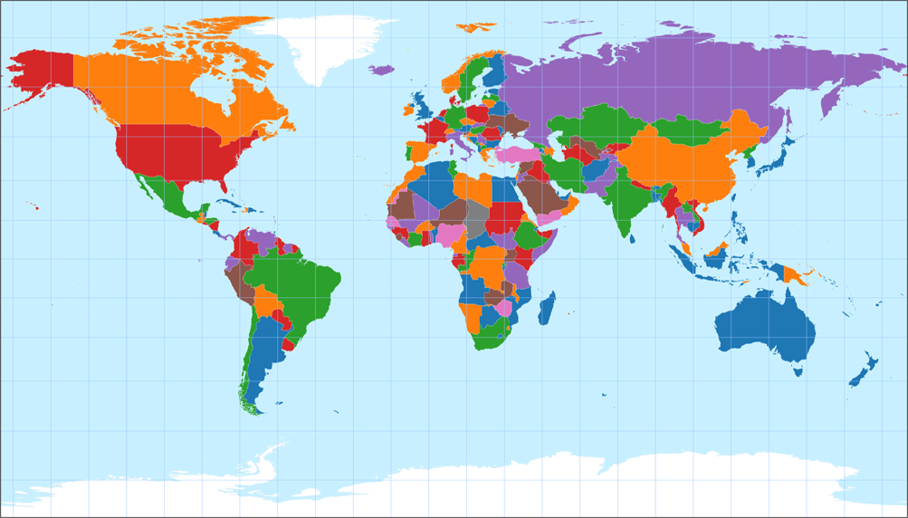 Political world map, projected to Patterson Cylindrical Projection.