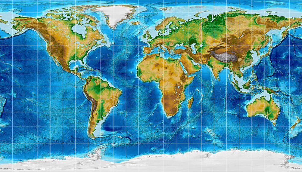 Topographic world map, projected to Patterson Cylindrical Projection.