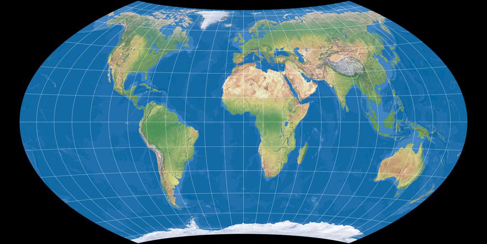 World map using Wagner VII Projection (Ocean with layered depth tints)